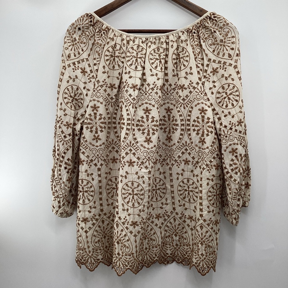Ralph Lauren Women's Eyelet Cream and Brown Embroidered Blouse - Picture 3 of 16